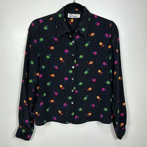 Lilly Pulitzer Rose Print Long Sleeve Button Down Shirt In Black Size S - Picture 1 of 8